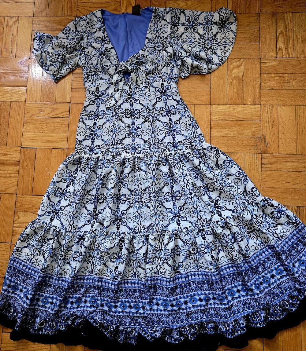Taylor Sz 6 Blue Cottage Core Ruffle Long With Bow & Key Hole Cut Out Dress